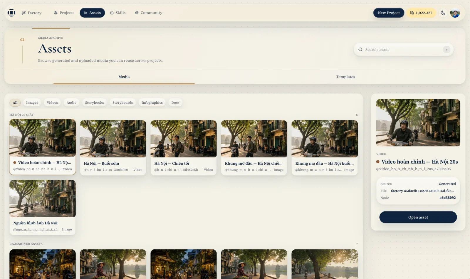 The My Assets library, a searchable grid of generated and uploaded media