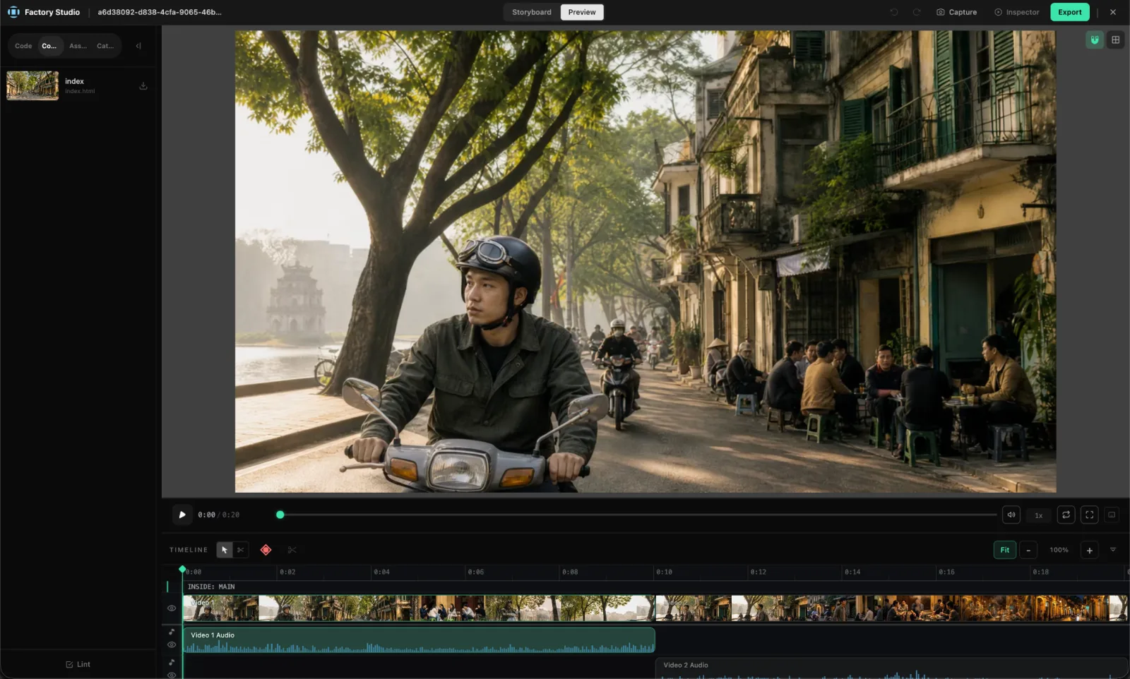 The Factory Studio video editor, with a preview pane above a timeline of clips