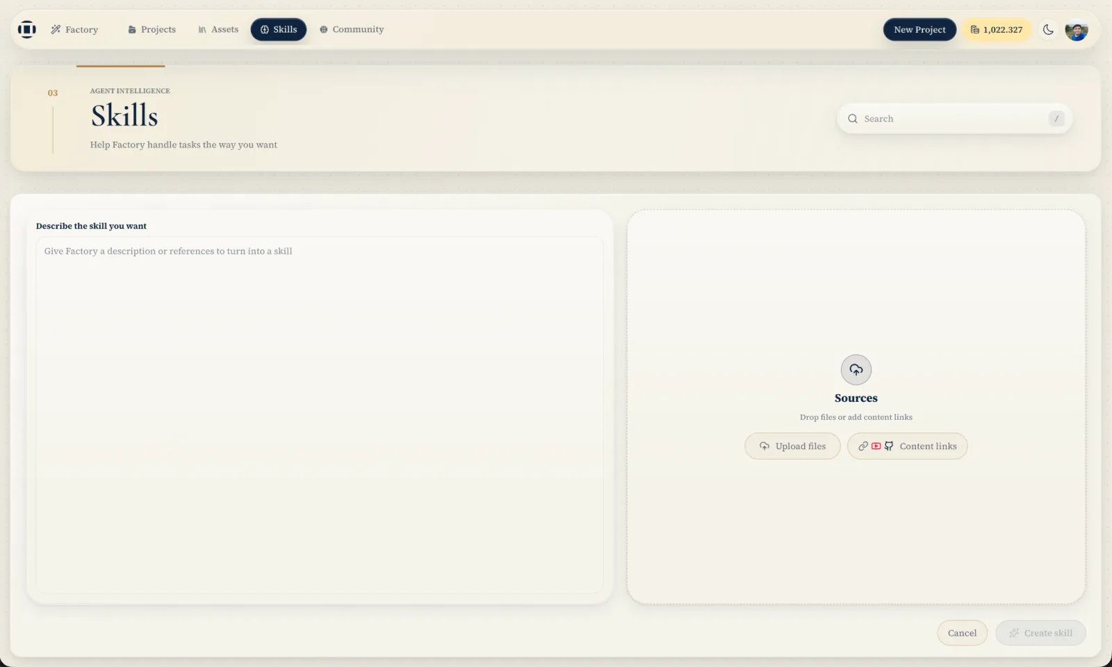 Creating a skill: a description field beside a sources panel for files and links