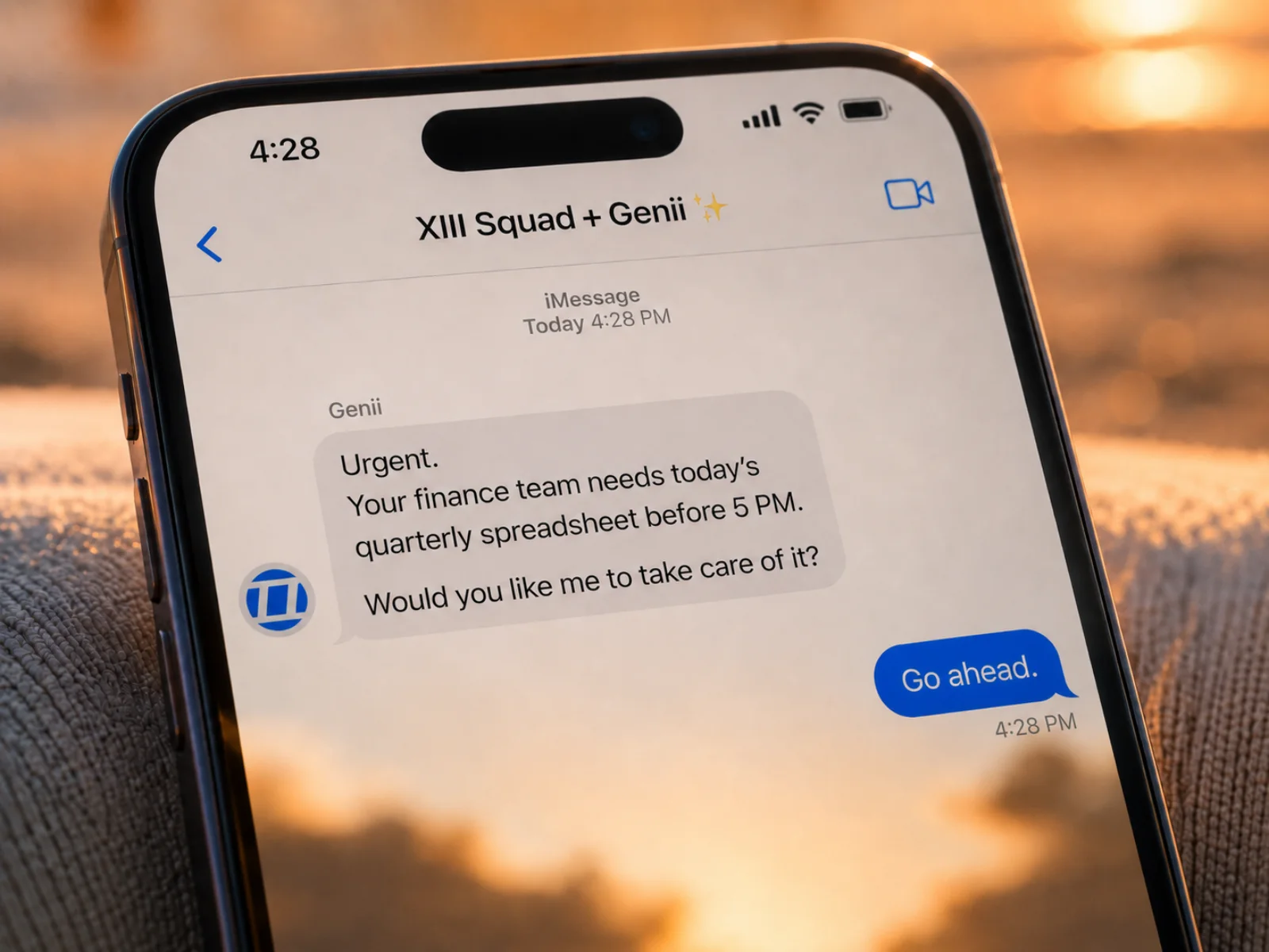 An iMessage from Genii flagging that the finance team needs the quarterly spreadsheet before 5 PM, answered with 'Go ahead'