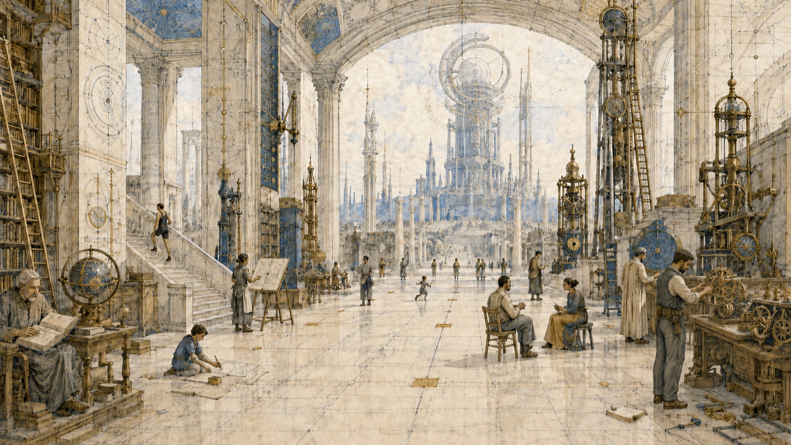 A vast neoclassical hall of learning — scholars with books and astrolabes, clockwork orreries beneath a soaring arch, and a spired city visible through the far colonnade